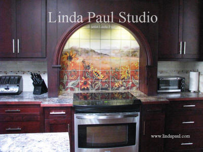 custom kitchen backsplash of sunflowers with arch