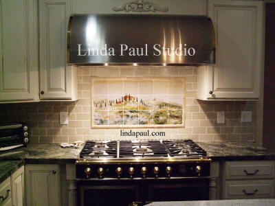 Tuscany in The Mist splash back tile mural in contemporary kitchen