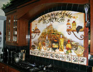 close up of italian kitchen mural with black ceramic tile