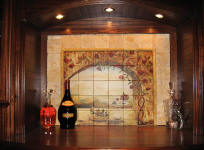 tile mural in wine cabinet