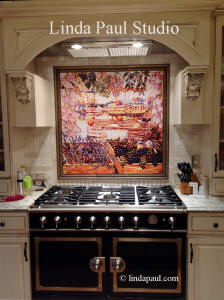market day french backsplash tiles in retro kitchen