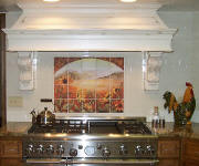 sunflower back splash with white ceramic subway tile