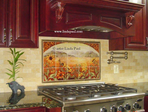 Sunflowers kitchen backsplash with hummingbird and subway cermic tile Sunflower Kitchen backsplash