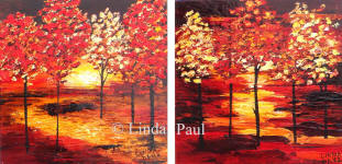 set of 2 contemporary landscape painitng with red trees