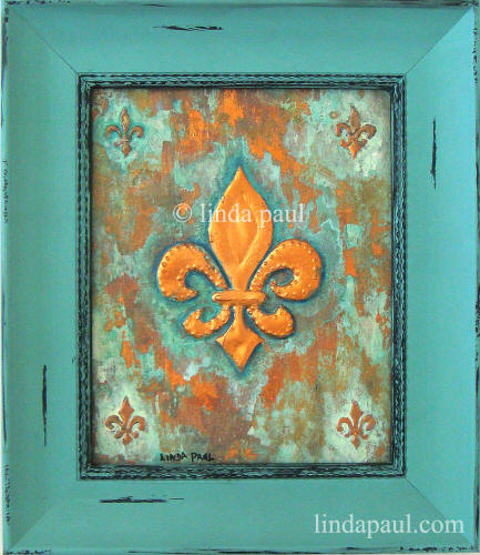fleur de lis original art painting in copper and blue-green patina framed