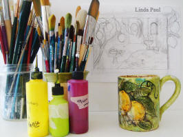 artists tools and inspiration - lemons coffee cup and paint supplies