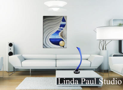 blue and white painting in white contemporary living room