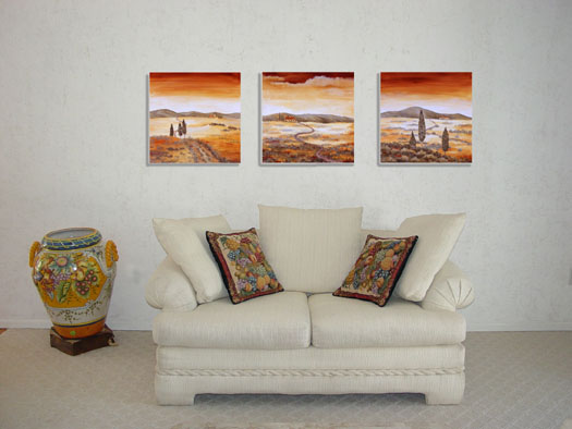 italian art prints over sofa