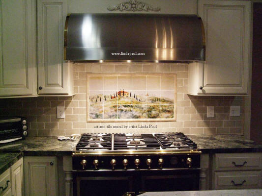 Tuscan art landscape Kitchen tile backsplash by Linda Paul 