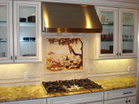 beautiful white kitchen with vineyard mural