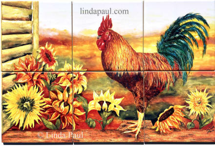 rooster and sunflower tile mural