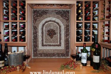 mosaic art tile backsplash in wine cellar