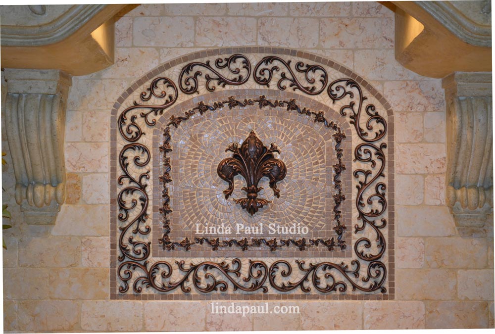 Fleur De Lis Mosaic And Metal Arched Medallion Backsplash Celeste Fleur De Lys Backsplash Medallion Installation
