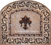 Celeste Fleur de lys mosaic tile and metal medallion back splash