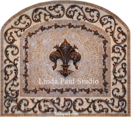 Fleur de liskitchen backsplash arched mosaic tile and metal medallion