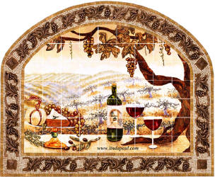 Vineyard backsplash mural in venito moscaic frame