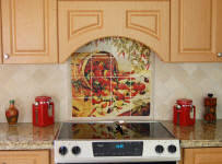 mexican tile mural with red decor