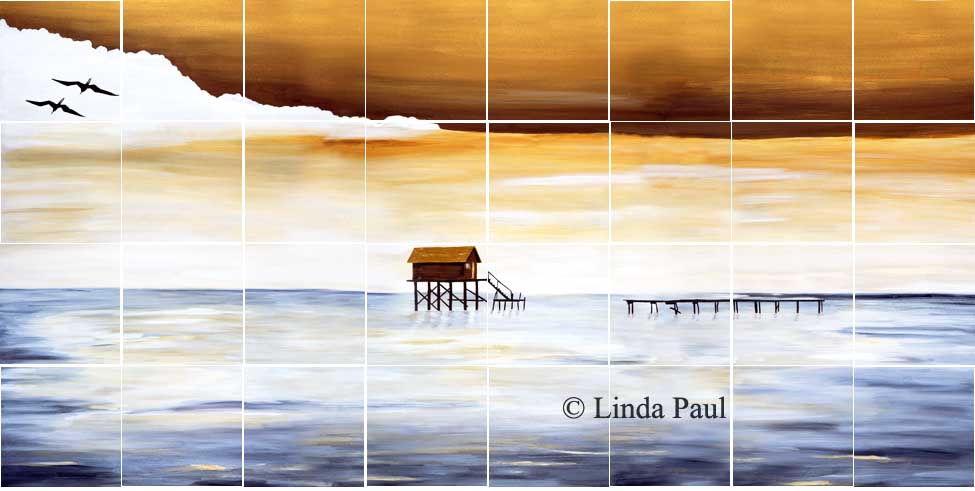 ocean mural on stone tile