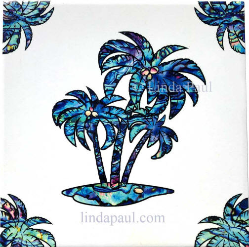 palm tree tile with blue paua shell design