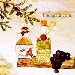 Italian tile of olive oil honey grapes olives