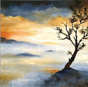 painting of tree and misty lake