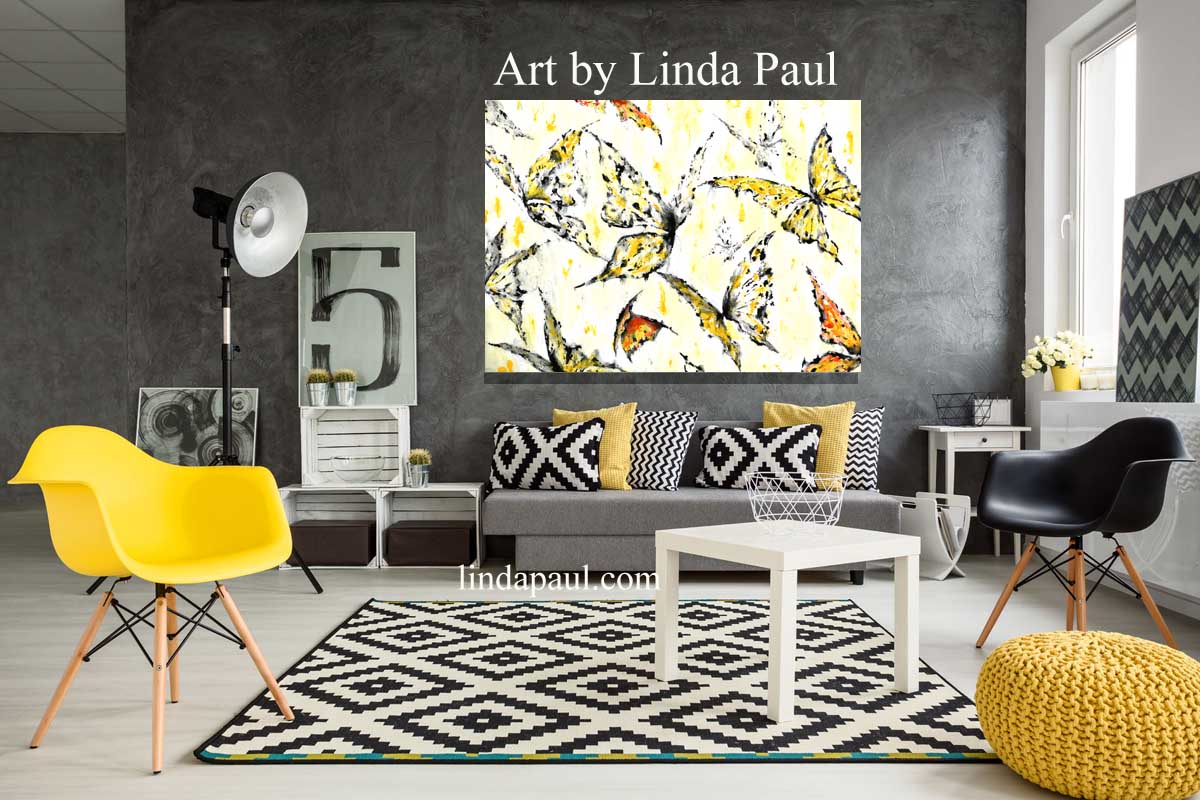 Butterfly Art On Canvas Yellow And Gray Room Decor By Artist Linda Paul