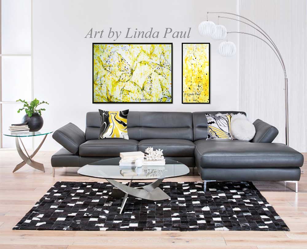 Yellow And Grey Butterflies Large Original Framed Painting