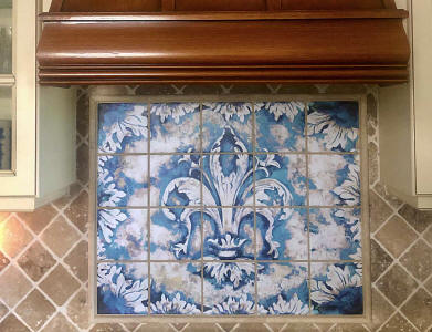 blue and white fleur de lis tile mural