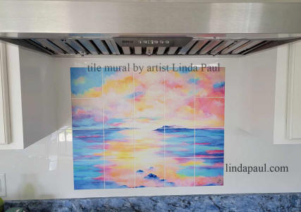 ocean sunset tile mural