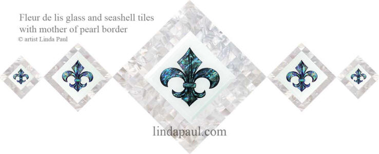 set of 5 fleur de lis glass and seashell tiles