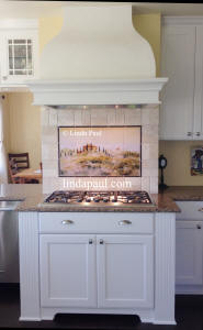 Tuscyy in the Mist tile mural backsplash with subway tile