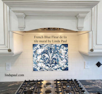 fleur de lis french country blue and white kitchen backsplash