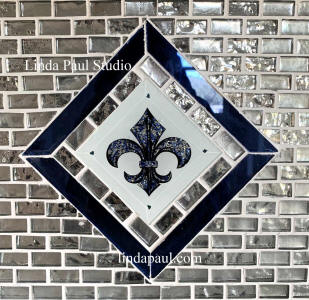 fleur de lis blue and silver and white glass tile