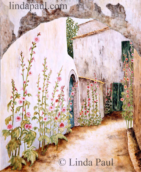 hollyhock lane original french painting