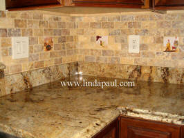 kitchen backsplash tile accents by Linda Paul in subway travetine tile 