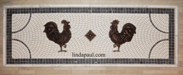 two roosters mosaic tile and metal medallion backsplash