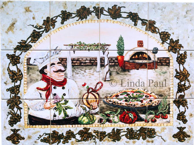 Italian chef tile mural pizza