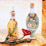 olive oil bottles and poppy