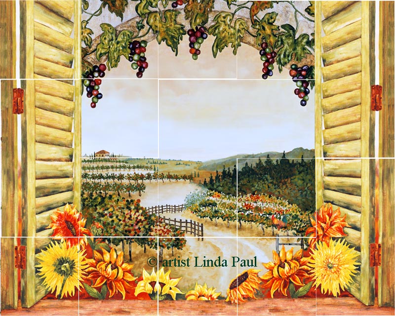Sunflowers Vineyard Backsplash Tile Mural for Country Kitchens