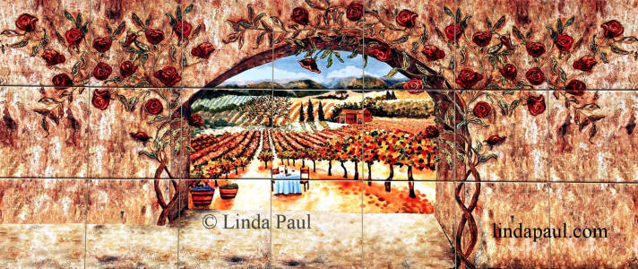 roses and vineyard tile mural backsplash