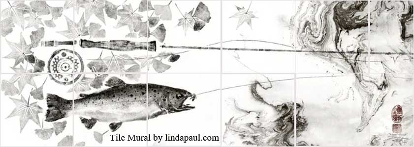 brown trout tile mural black and white