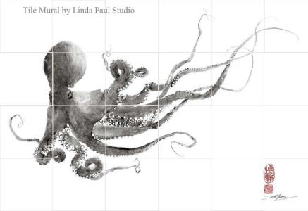 octopus seal life black and white tiles