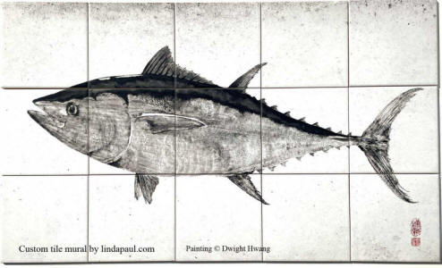 black and white fish tile mural