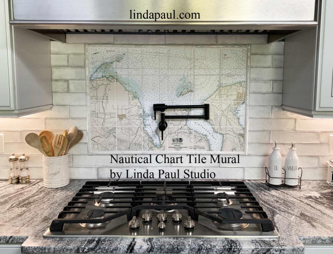 coastal kitchen with map mural backsplash