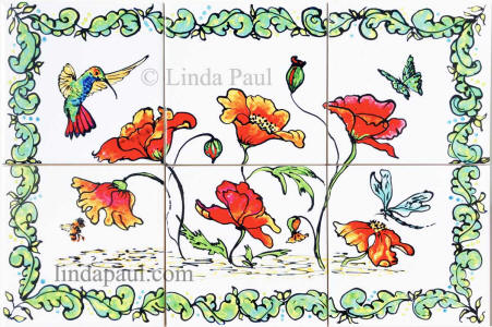 poppies hummingbird tile mural